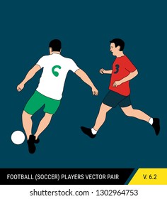 The soccer players fighting for the ball. Vector illustration. Football players in action. One player tries to take the ball from another.