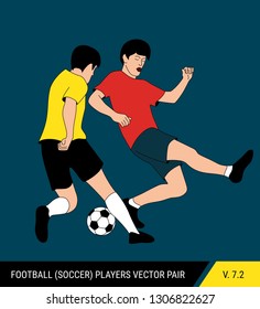 The soccer players fighting for the ball. Vector illustration. Football players in action. One player tries to take the ball from another.