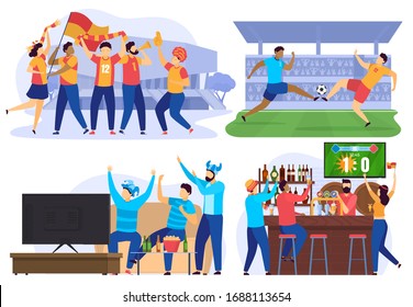 Soccer players and football fans cheering in bar, people cartoon characters, vector illustration. Sport game competition on stadium, friends watching football on tv together. Soccer match championship