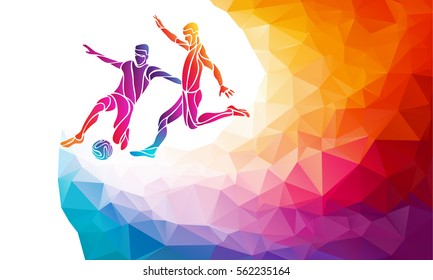 Soccer players. Footballers kicks the ball in trendy abstract colorful polygon style with rainbow back