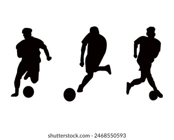 Soccer players, group of footballers. Set of isolated vector silhouettes. Ink drawing. Team sport