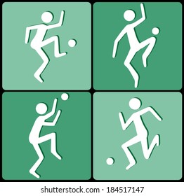 Soccer players, hand-drawn activity icons set, white on green, vector collection