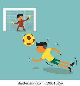 Soccer players heading soccer ball to hit the goal
