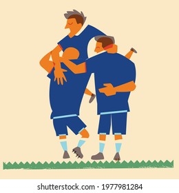 Soccer players hugging in the game