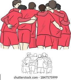 soccer players hugging while celebrate goal in a match vector illustration sketch doodle hand drawn with black lines isolated on white background