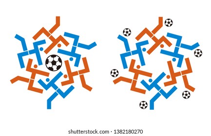 Soccer players icons in circular symbol. 
Geometrically stylized running football players with ball. Suitable for logo or t-shirt. Two versions.Isolated on white background. Vector available.