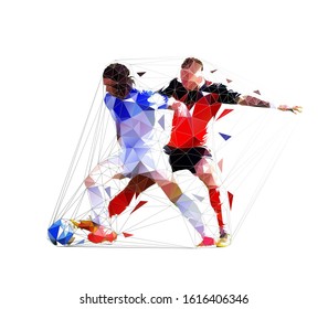 Soccer players, isolated  low poly vector silhouette. Two geometric footballers with ball