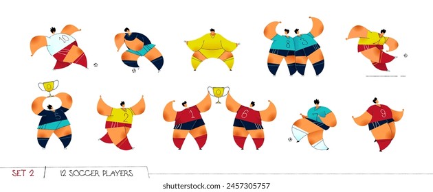 Soccer players kick the ball. Various colorful athletes in active poses jump, run and play football on isolated background. Stylized body positive characters. Cartoon flat vector illustration.