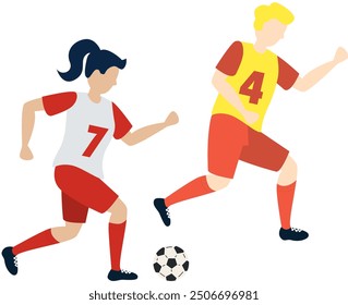 Soccer players kicking ball character girl and boy, flat cartoon vector illustration isolated on white background. Soccer or football game players collection.