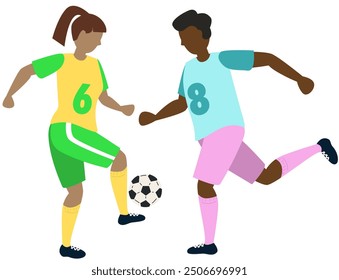 Soccer players kicking ball character girl and black boy, flat cartoon vector illustration isolated on white background. Soccer or football game players collection.