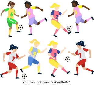 Soccer players kicking ball characters set, flat cartoon vector illustration isolated on white background. Soccer or football game players collection.
