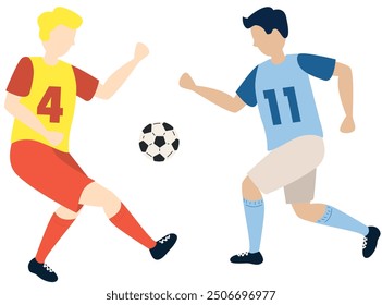 Soccer players kicking ball characters two boys, flat cartoon vector illustration isolated on white background. Soccer or football game players collection.