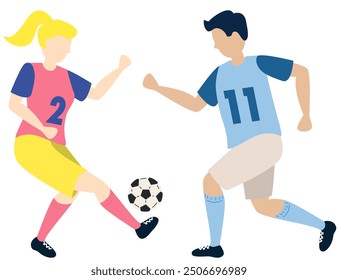 Soccer players kicking ball characters girl and boy, flat cartoon vector illustration isolated on white background. Soccer or football game players collection.