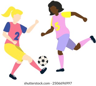 Soccer players kicking ball characters two girls, flat cartoon vector illustration isolated on white background. Soccer or football game players collection.