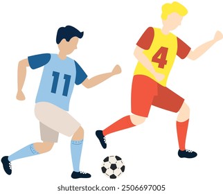 Soccer players kicking ball characters with two boys, flat cartoon vector illustration isolated on white background. Soccer or football game players collection.