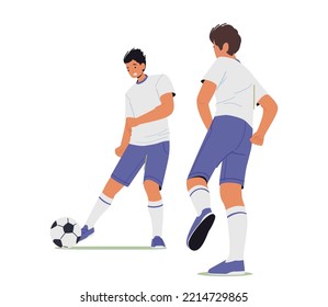 Jugadores De Fútbol Pateando A La Pelota, Un Par De Jóvenes En Uniformes Deportivos Practicando Juego De Fútbol. Personajes masculinos participan en la competencia, la liga escolar o el torneo. Ilustración de vectores de personas de caricatura