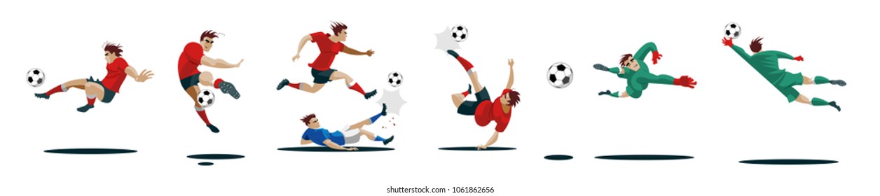 Soccer Players Kicking Ball and goalkeepers. Set Collection of different poses. Vector Illustration