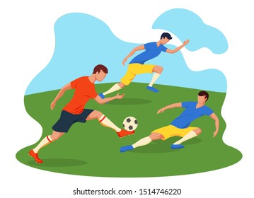 Soccer Players Kicking Ball. Three Football players play to football. Green grass and blue sky. Vector Illustration