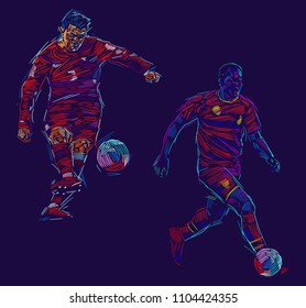Soccer players kicking ball. Vector illustration. Sports background  EPS 10 format.