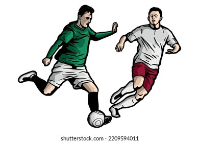 Soccer players kicking ball - vector illustration