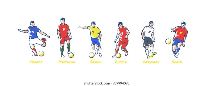 Soccer players kicks the ball. Soccer world cup teams Germany, Brasil, Russia, france, Portugal, Spain. Colorful vector illustration.