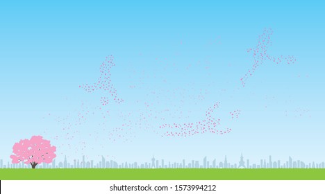 Soccer players made of cherry petals and view of the city(Created with vector data)