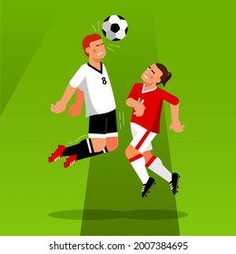 Soccer players on the football field are fighting for the riding ball. Heading the ball in football. Headbutt. Vector cartoon illustration.