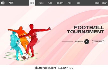 Soccer players in playing action on abstract pink background. Football tournament landing page design.