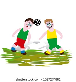 Soccer players playing with the ball, hitting the head, cartoon on a white background, vector