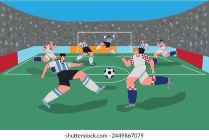 Soccer players playing with ball at stadium. Teams during sport game at football field, grass at competition, match. Athletes in uniform at playground, panorama. Flat vector illustration.