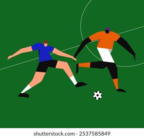 Soccer players playing with ball at stadium. 