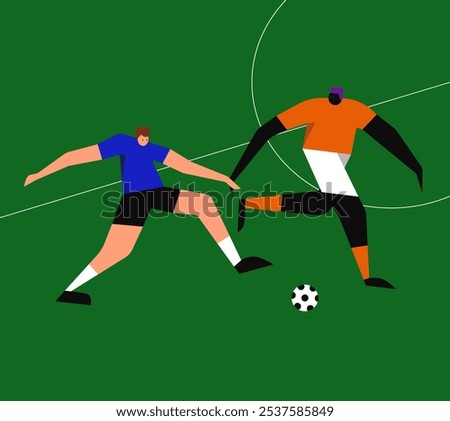 Soccer players playing with ball at stadium. 