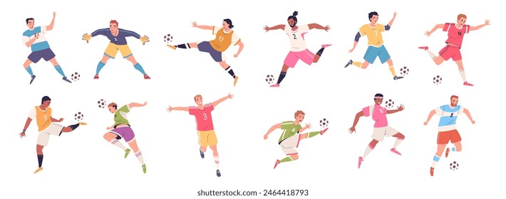 Soccer players poses. Professional football player dynamic pose, sportsman action foot feet kick ball dribbling posing goalkeeper catch goal pass, set classy vector illustration of soccer players