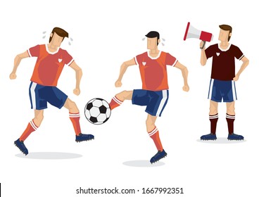 Soccer players practice with their coach, dribble on football ground. Vector illustration