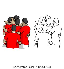 soccer players in red jersey shirts celebrating after goal vector illustration sketch doodle hand drawn with black lines isolated on white background 