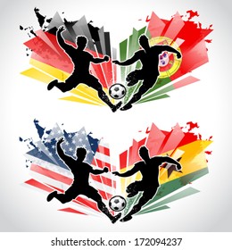 Soccer players representing different countries while tackling a ball