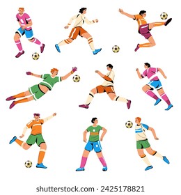 Soccer players. Runner and line backer, kicker and pass catcher, receiver and keeper. Footballers wearing team uniforms differently jumping and running, catching and kicking ball. Vector in flat style