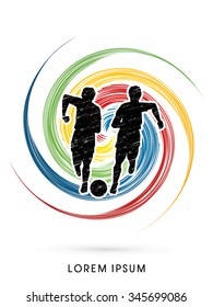 Soccer players, Running with ball designed using grunge brush on colorful grunge circle background  graphic vector