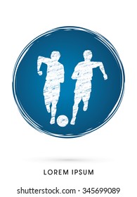 Soccer players, Running with ball designed using grunge brush on grunge circle background graphic vector