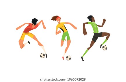 Soccer Players Set, Male Athletes Characters in Sports Uniform Kicking Ball Vector Illustration