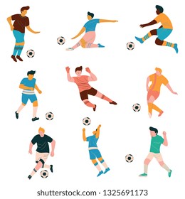 Soccer Players Set, Male Footballer Characters in Sports Uniform Playing Soccer in Different Positions Vector Illustration