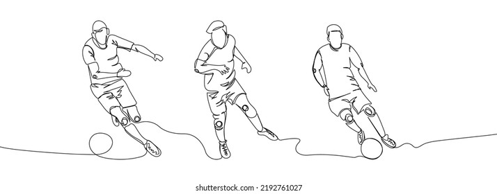 Soccer players set one line art. Continuous line drawing game, sport, football, activity, ball, training, running, cleats, striker, forward, winger, midfielder.