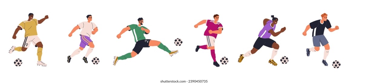 Los jugadores de fútbol se ponen. Deportistas jugando fútbol europeo, corriendo con balón. Personajes deportistas en movimiento, pateando, golpeando con el pie. Ilustración vectorial plana aislada en fondo blanco