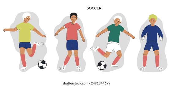 Soccer players set. Sports men playing European football game, running with ball. Athlete characters in motion, kicking, hitting with foot. Flat vector illustration isolated on white background