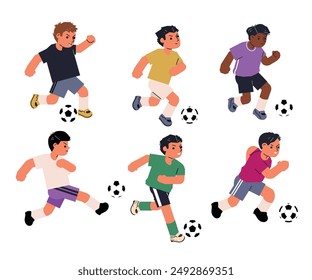 Soccer players set. Sports men playing football game, running with ball. Athlete characters in motion, kicking, hitting with foot. Flat vector illustration isolated on white background.