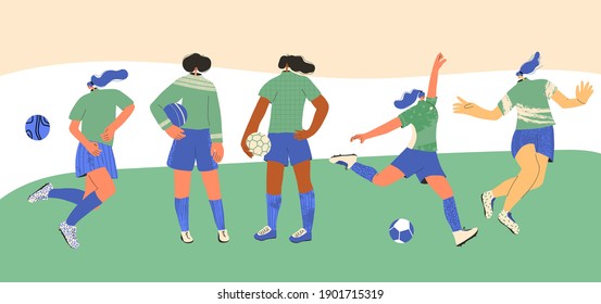 Soccer players set. Young female team wearing in uniform. Women football athlettes dressed in sportwear and boots with sport balls. Vector flat character.