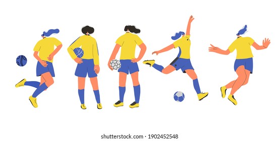 Soccer players set. Young female team wearing in uniform. Women football athlettes dressed in sportwear and boots with sport balls. Vector flat character.