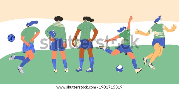 Soccer players set. Young female team\
wearing in uniform. Women football athlettes dressed in sportwear\
and boots with sport balls. Vector flat\
character.