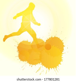 Soccer players silhouette vector background concept with ink splashes and sun