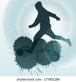 Soccer players silhouette vector background concept with ink splashes and sun